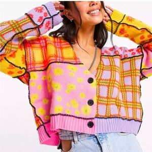 The Ragged Priest Love Knit Oversized Cropped Cardigan Patchwork Medium